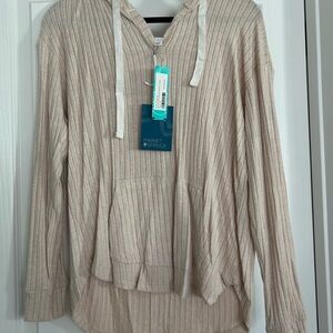 Beige Ribbed Hoodie with Front Pocket